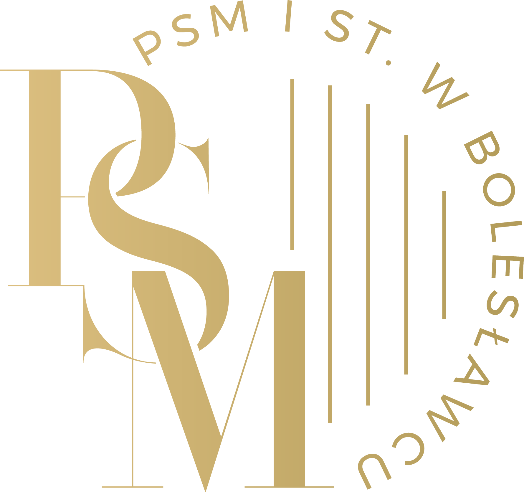 Logo na bazie okręgu w złotej kolorystce. Składa się z napisu PSM z pięcioma liniami symbolizującymi pismo nutowe i dodatkowego napisu PSM I st. w Bolesławcu na bazie okręgu.