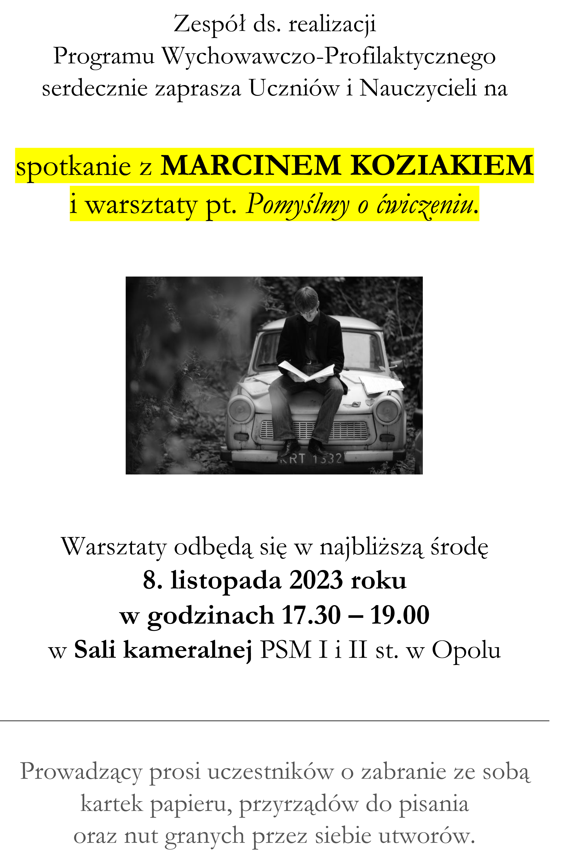 Plakat warsztatów z Marcinem Koziakiem