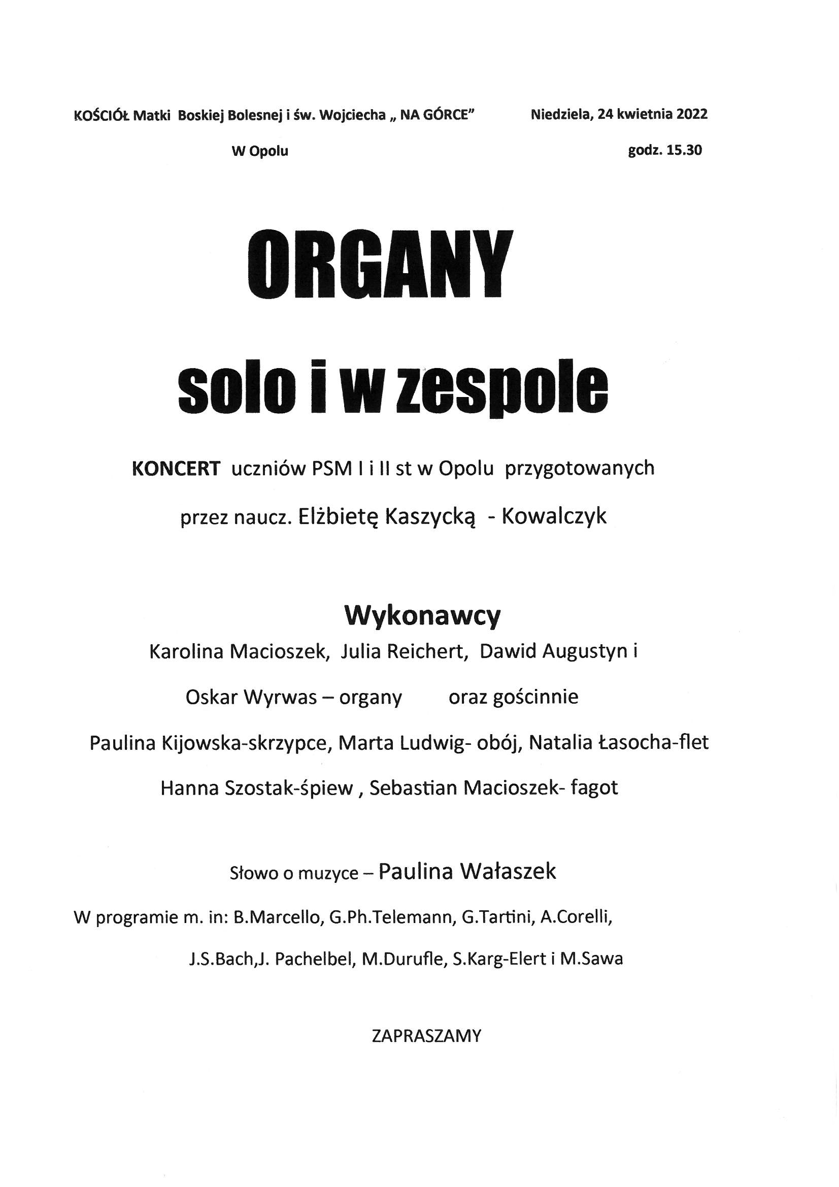 Plakat kwietniowego koncertu Organy solo i w zespole
