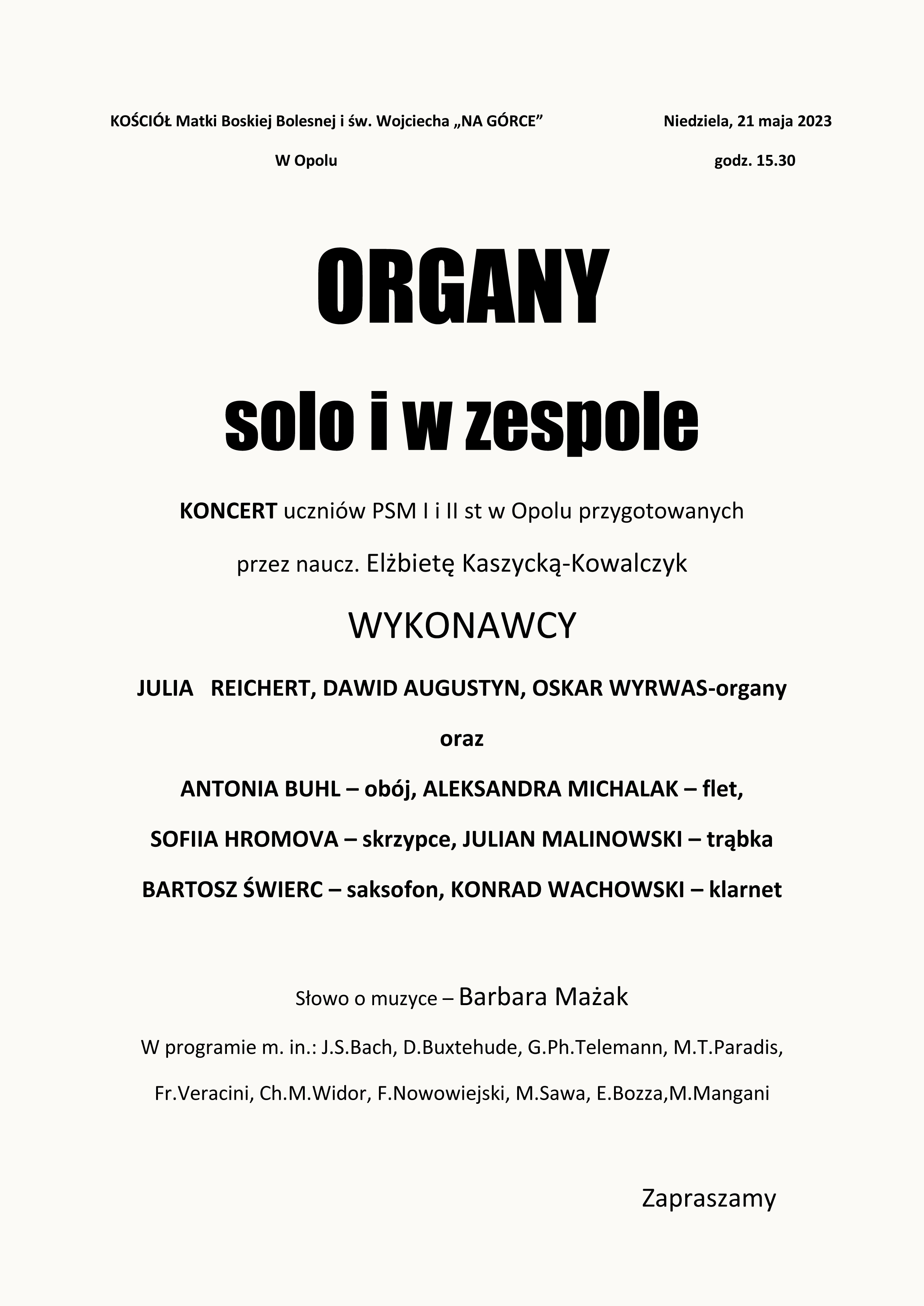 Plakat koncertu Organy solo i w zespole
