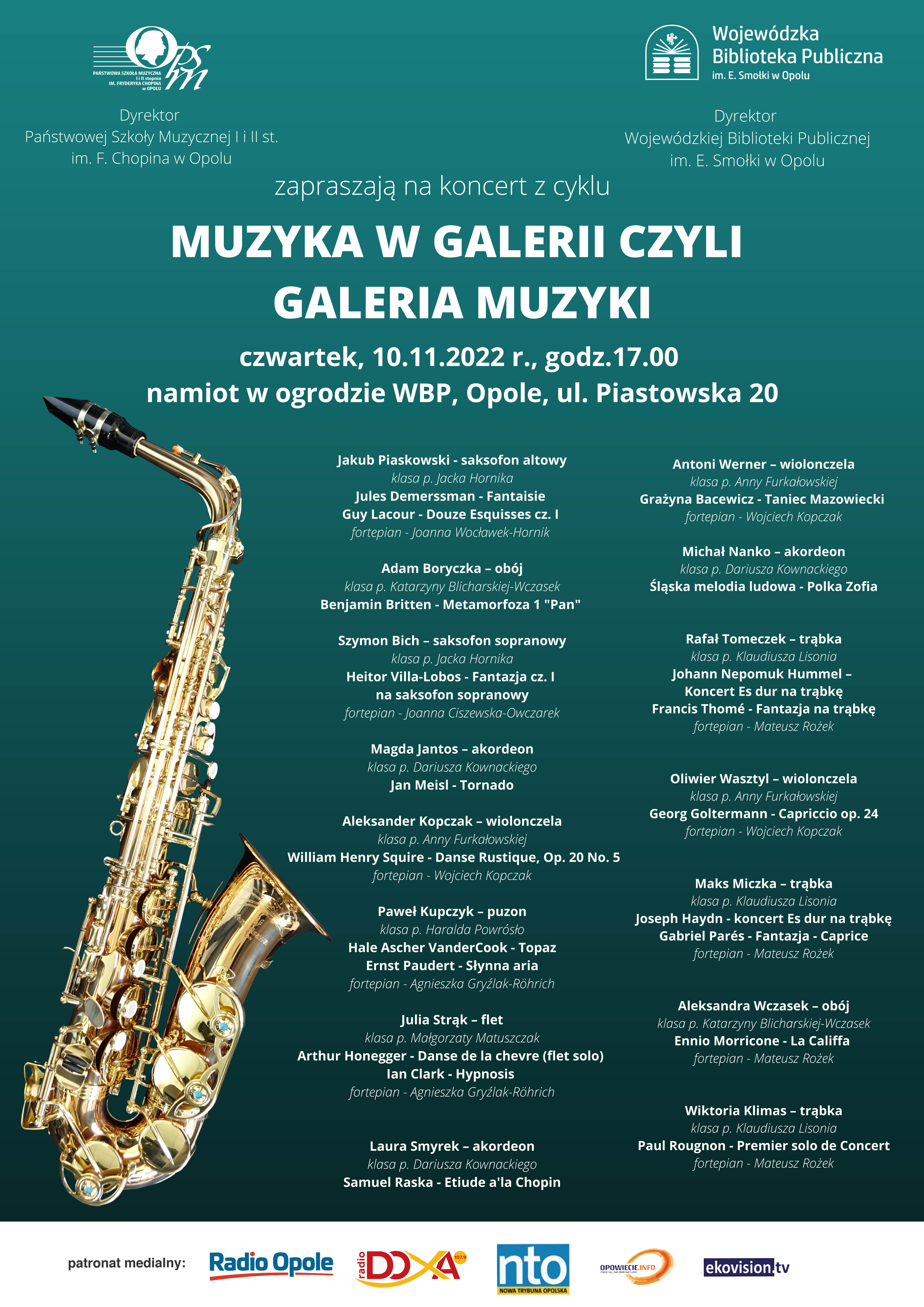 plakat listopadowego koncertu Muzyka w Galerii czyli Galeria muzyki