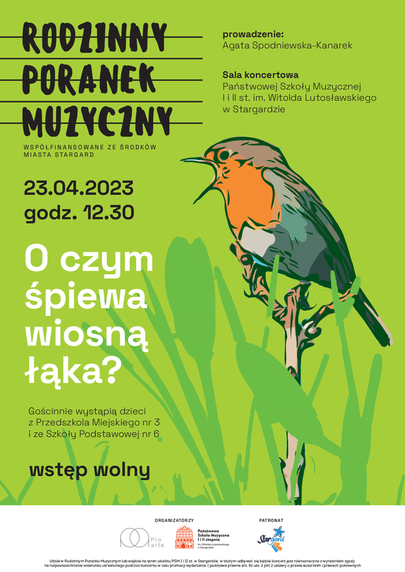 Plakat informujący o Rodzinnym poranku muzycznym w dniu 23 kwietnia 2023 roku o godzinie 12.30. Na plakacie na zielonym tle znajdują się gałązka, na której siedzi ptaszek rudzik.