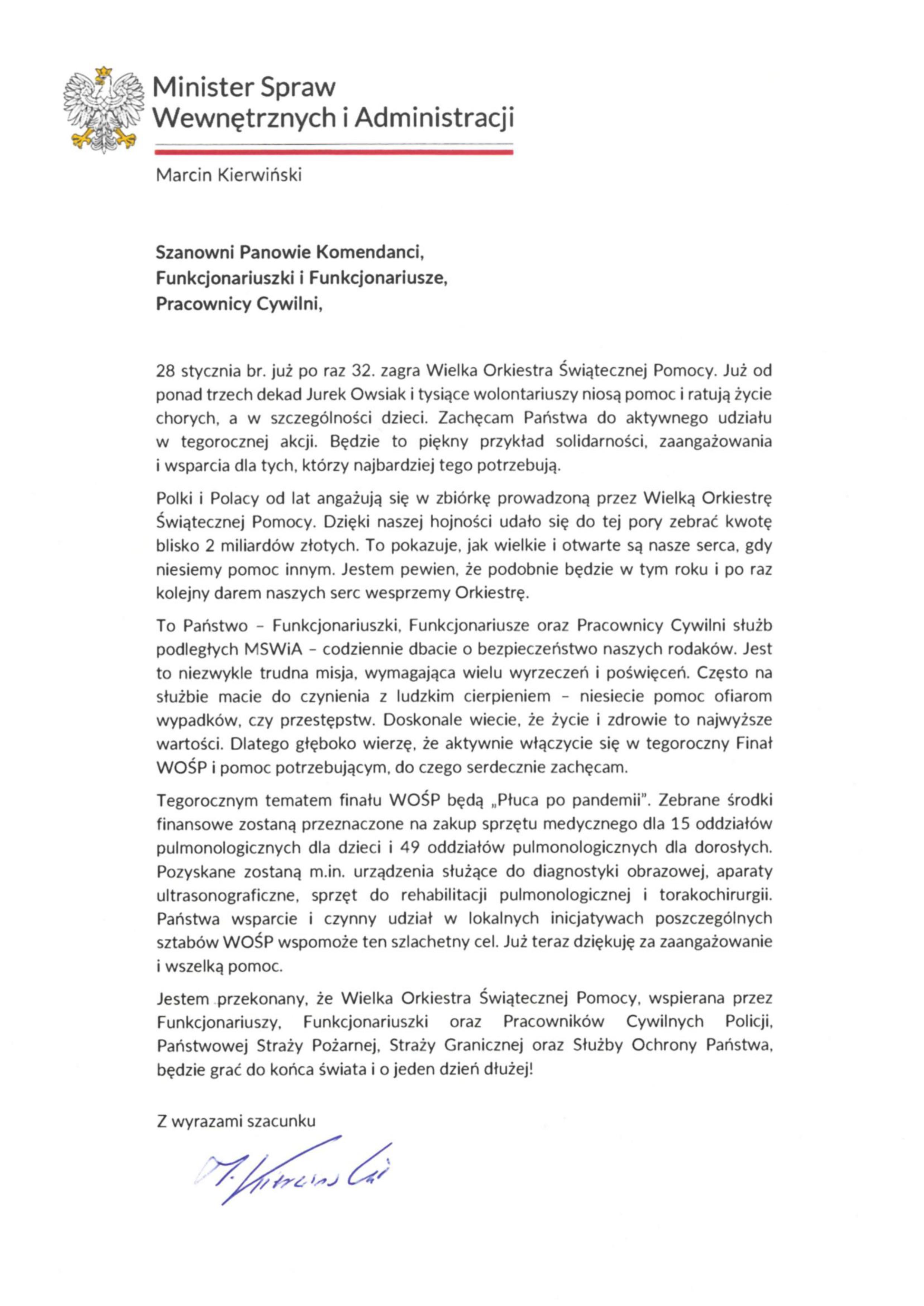 List pana ministra Marcina Kierwińskiego do funkcjonariuszy służb podległych MSWiA
