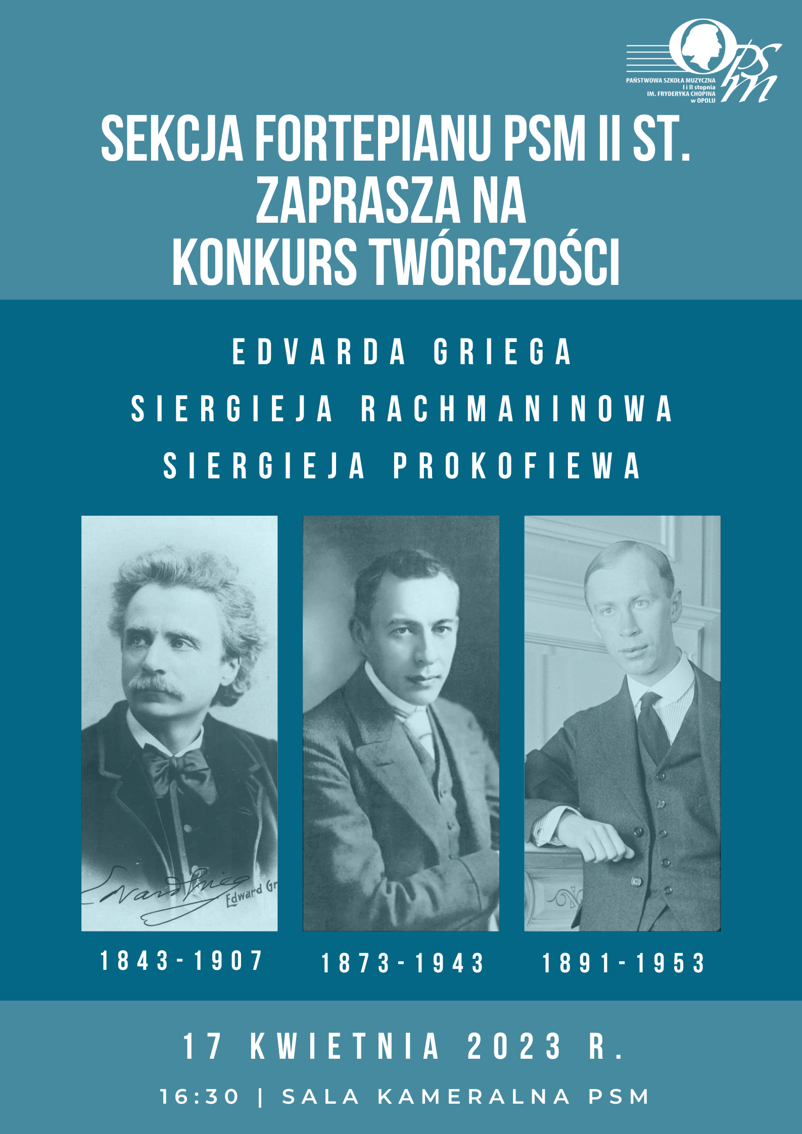 Plakat promujący Konkurs twórczości Griega, Rachmaninowa i Prokofiewa