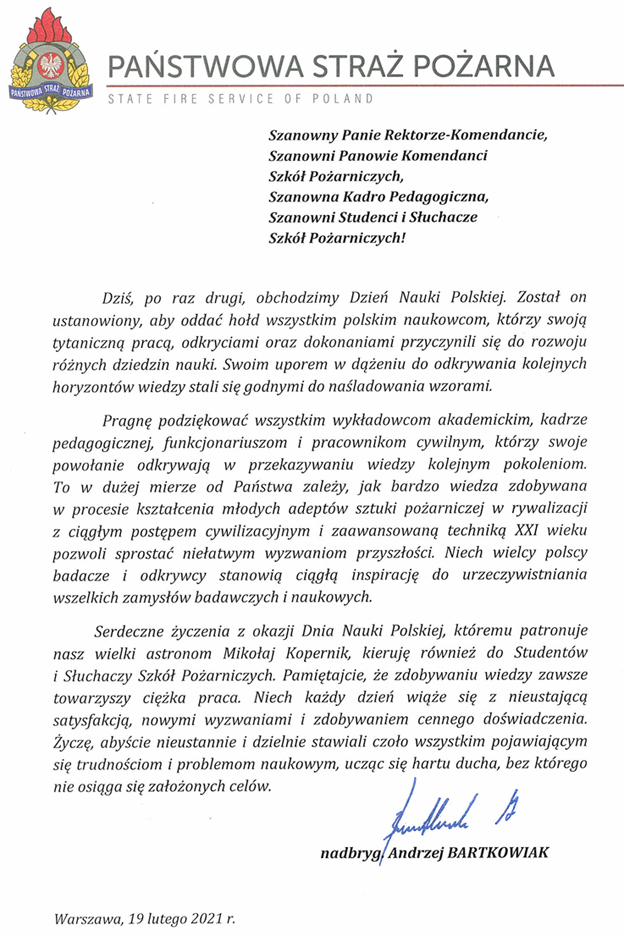 Życzenia Komendaanta Głównego PSP z okazji Dnia Nauki Polskiej