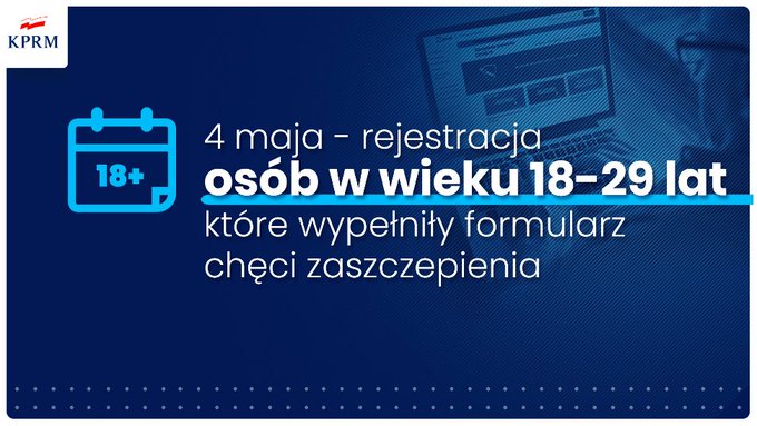 4 maja - rejestracja osób w wieku 18-29 lat które wypełniły formularz chęci zaszczepienia
