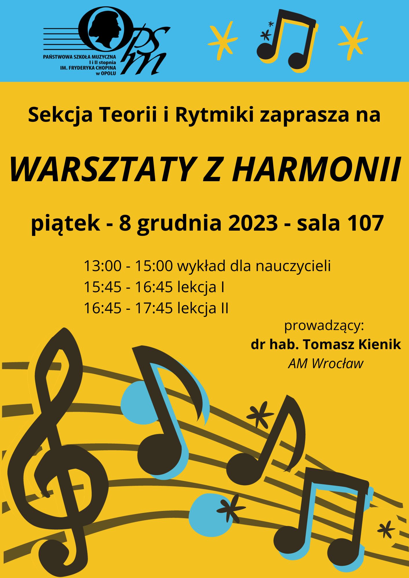 Plakat warsztatów z harmonii z dr. hab. Tomaszem Kienikiem