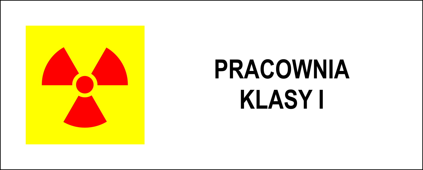 Ilustracja przedstawia wzór tablicy informacyjnej dla Pracowni klasy III. Na tablicy z lewej symbol promieniowania (tzw. koniczynka) w kolorze czerwonym na żółtym tle. Z prawej strony napis "Pracownia Klasy I"