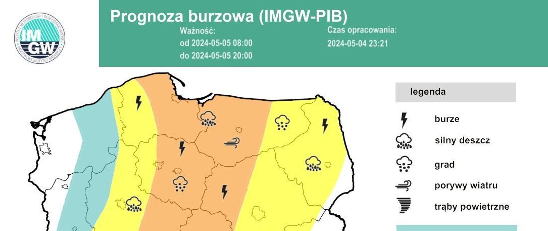 Na grafice znajduje się mapa Polski z zaznaczonymi obszarami prognozowanych burz.