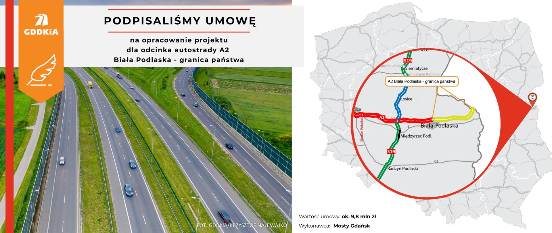 Infografika na podpisanie umowy na opracowanie dokumentacji projektowej dla A2 Biała Podlaska - granica państwa.