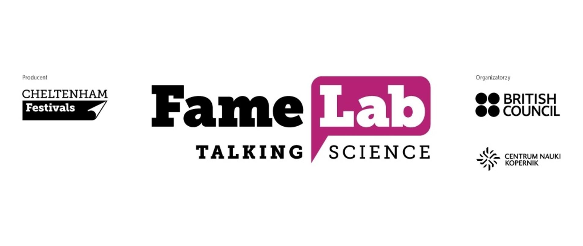 Logo FameLab - czarny napis FameLab Talking Science na białym tle