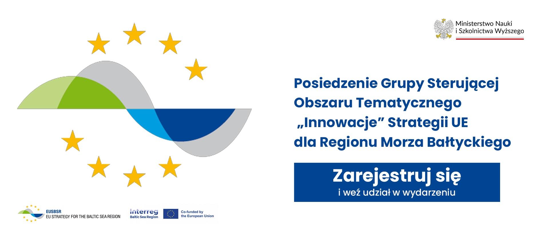 Grafika - logo w postaci niebiesko-zielonych fal, dookoła nich żółte gwiazdy, obok napis Posiedzenie Grupy Sterującej Obszaru Tematycznego "Innowacje" Strategii UE dla obszaru Morza Bałtyckiego.