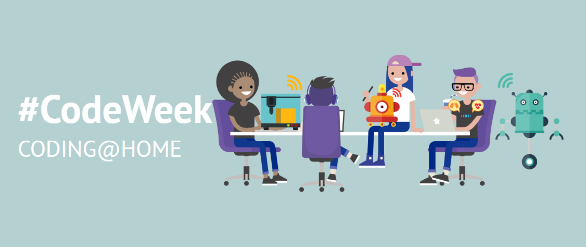Dzieci przy dużym biurku programują roboty . Na niebieskim tle, poza 4 młodych osób widać napis "#CodeWeek Coding@Home"