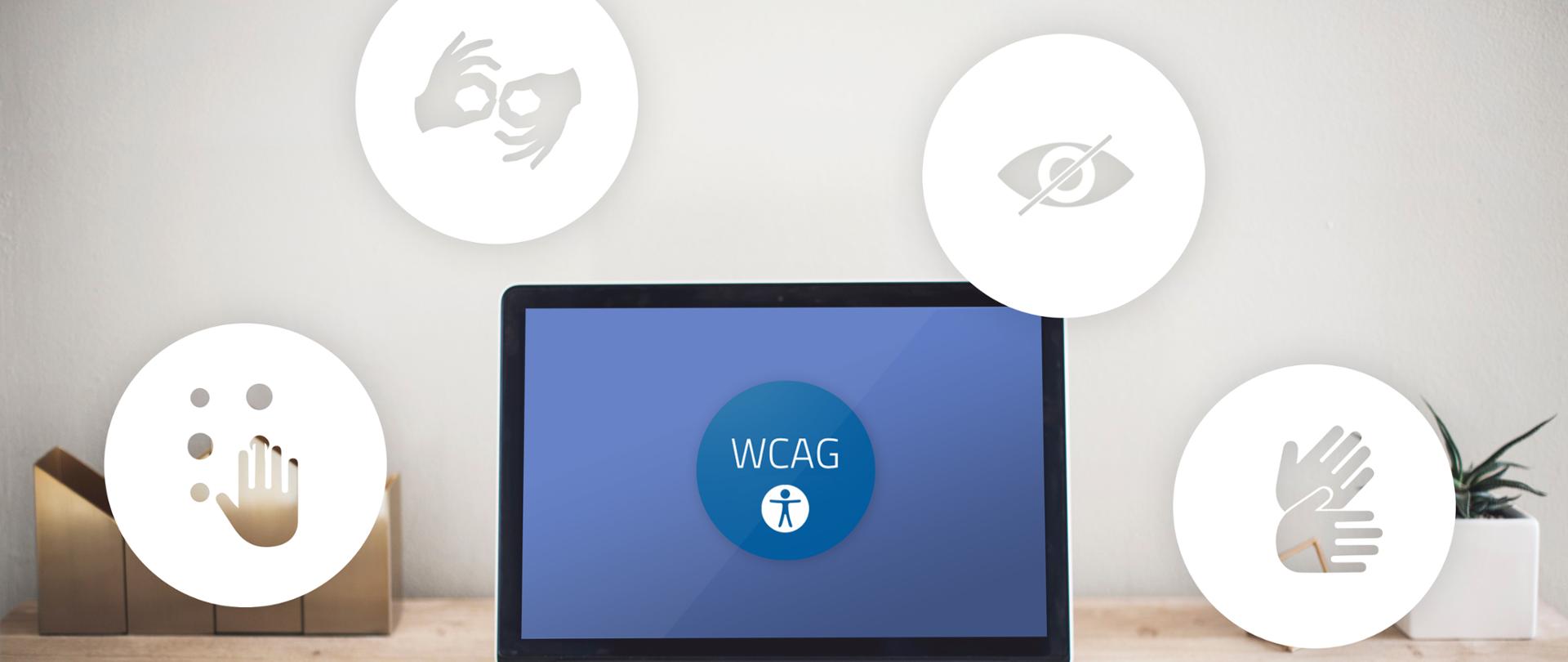 Na pierwszym planie stojący laptop na ekranie którego widoczne są litery WCAG. Wokół monitora widoczne są ikonki będące symbolami niepełnosprawności. 
