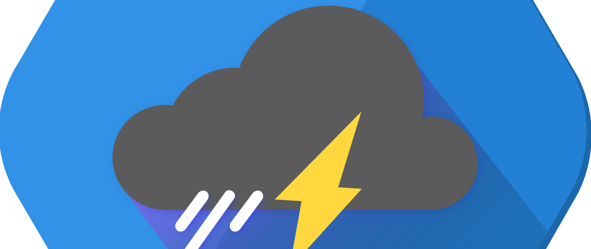 Grafika przedstawia chmurę burzową z piorunem i opadami deszczu na niebieskim tle. 