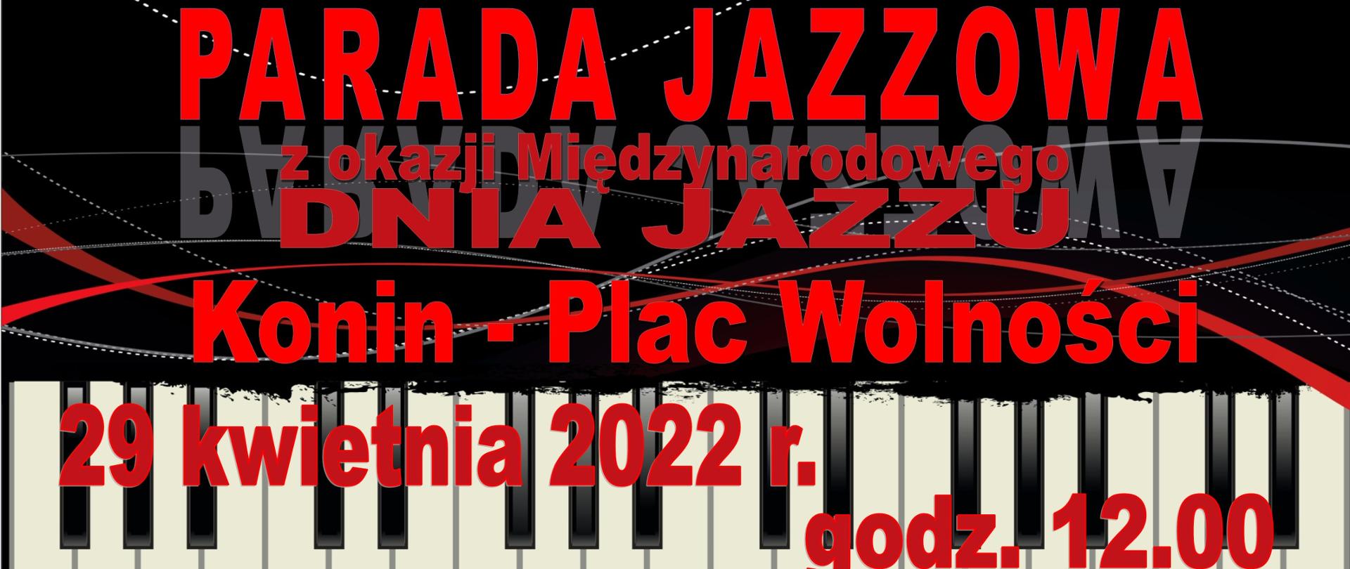 Klawiatura fortepianu na czarnym tle, logo PSM w Koninie w lewym górnym logu, czerwone napisy.