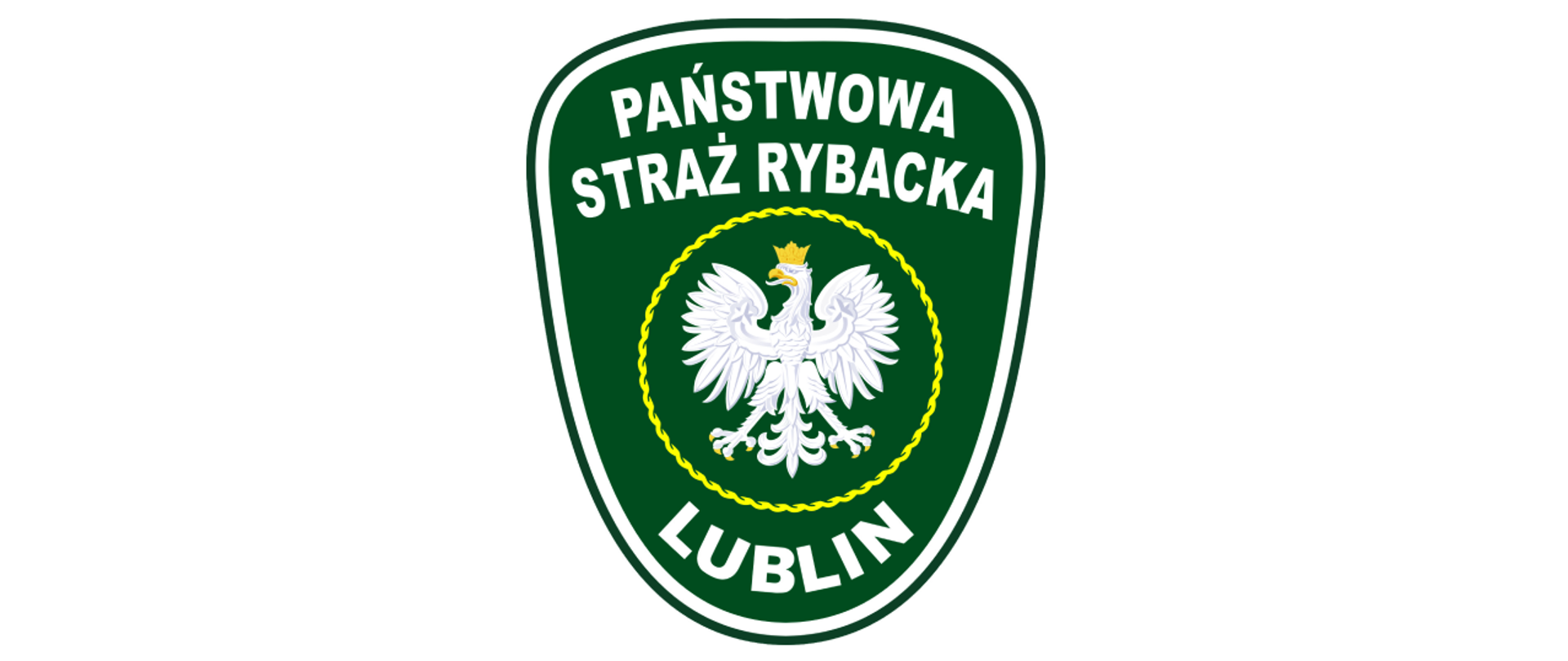 Logo Państwowej Straży Rybackiej Lublin. Biały orzeł w żółtym okręgu na ciemno zielonym tle.