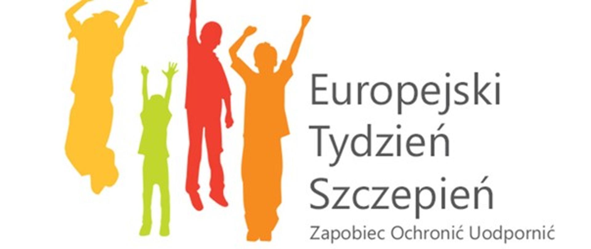 Obrazek przedstawia cztery osoby wypełnione jednolitym tłem oraz napis Europejski Tydzień Szczepień, Zapobiec, Ochronić, Uodpornić
