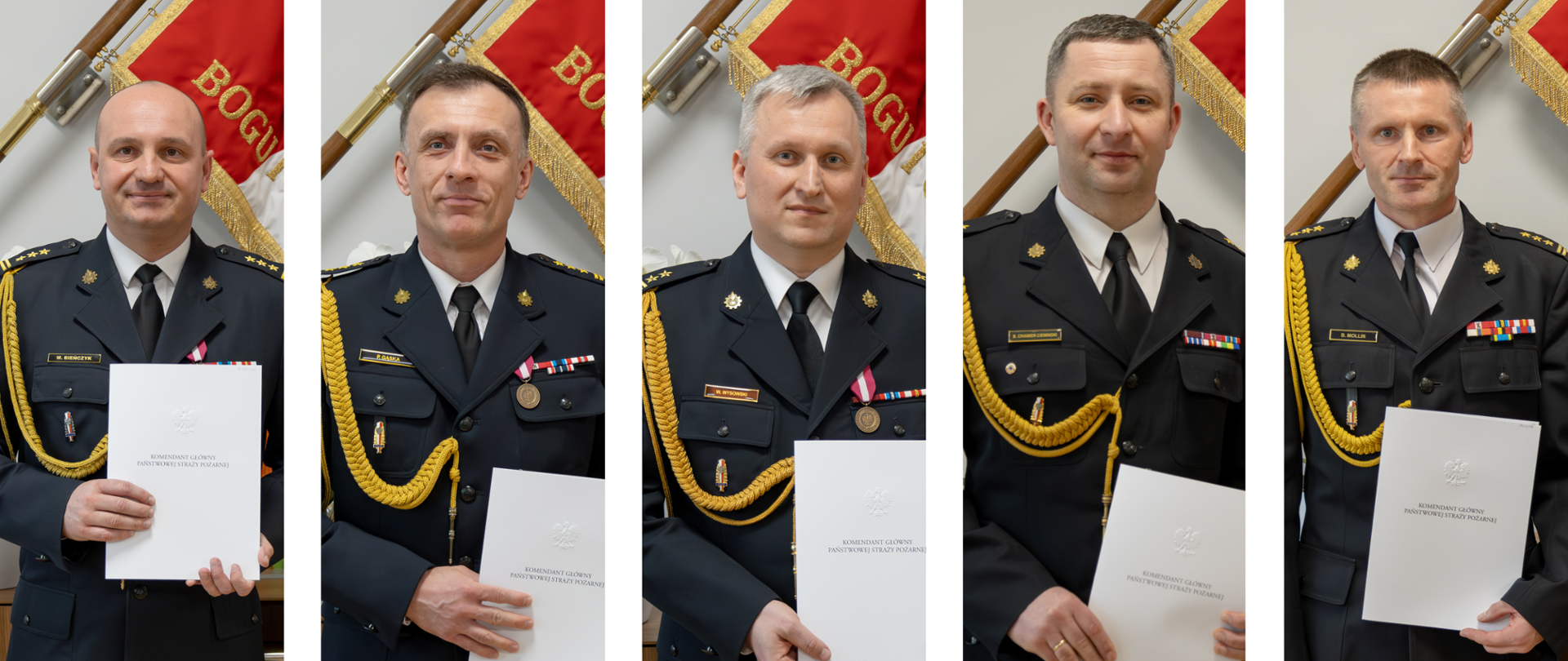 Kolaż 5 zdjęć oficerów PSP w mundurach galowych, trzymających teczki z decyzjami personalnymi