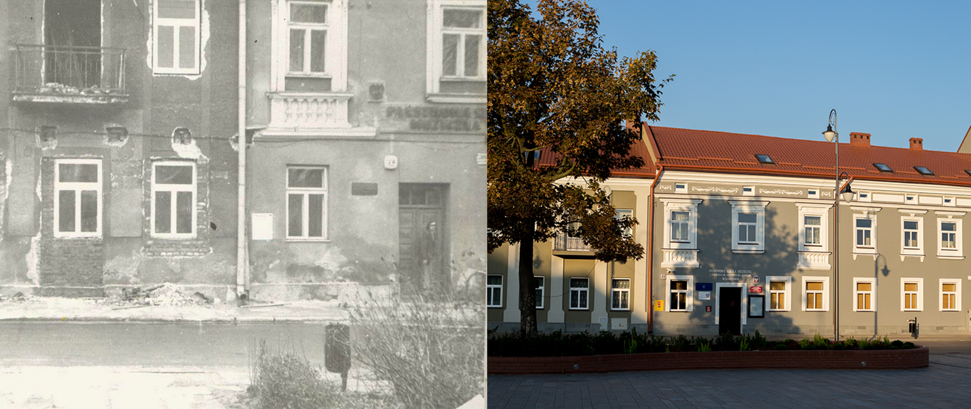 Zdjęcie przedstawiające budynek szkoły od ul. Rynek po lewej stronie w roku 1976 w trakcie remontu po prawej obecny wygląd szkoły