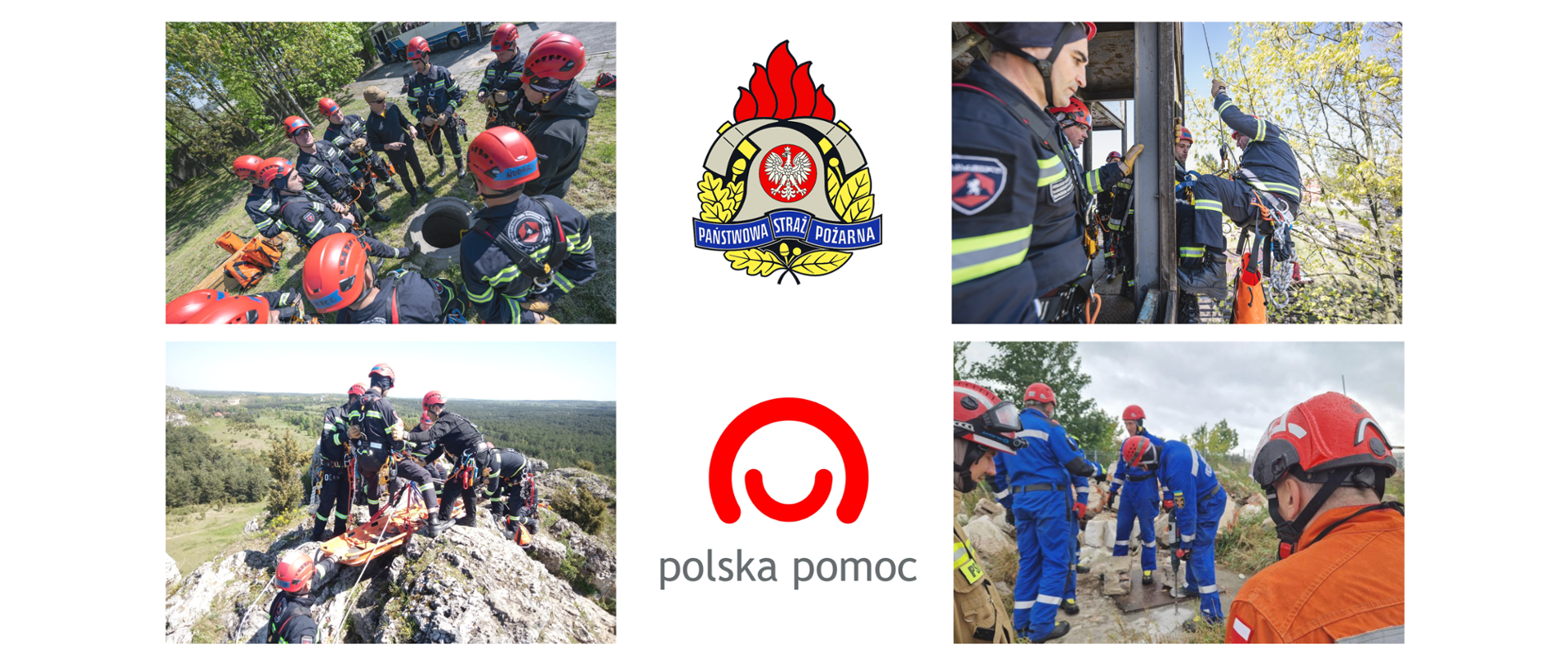 Kolaż 4 zdjęć ćwiczeń strażaków a po środku dwa logotypy: PSP i Polska pomoc