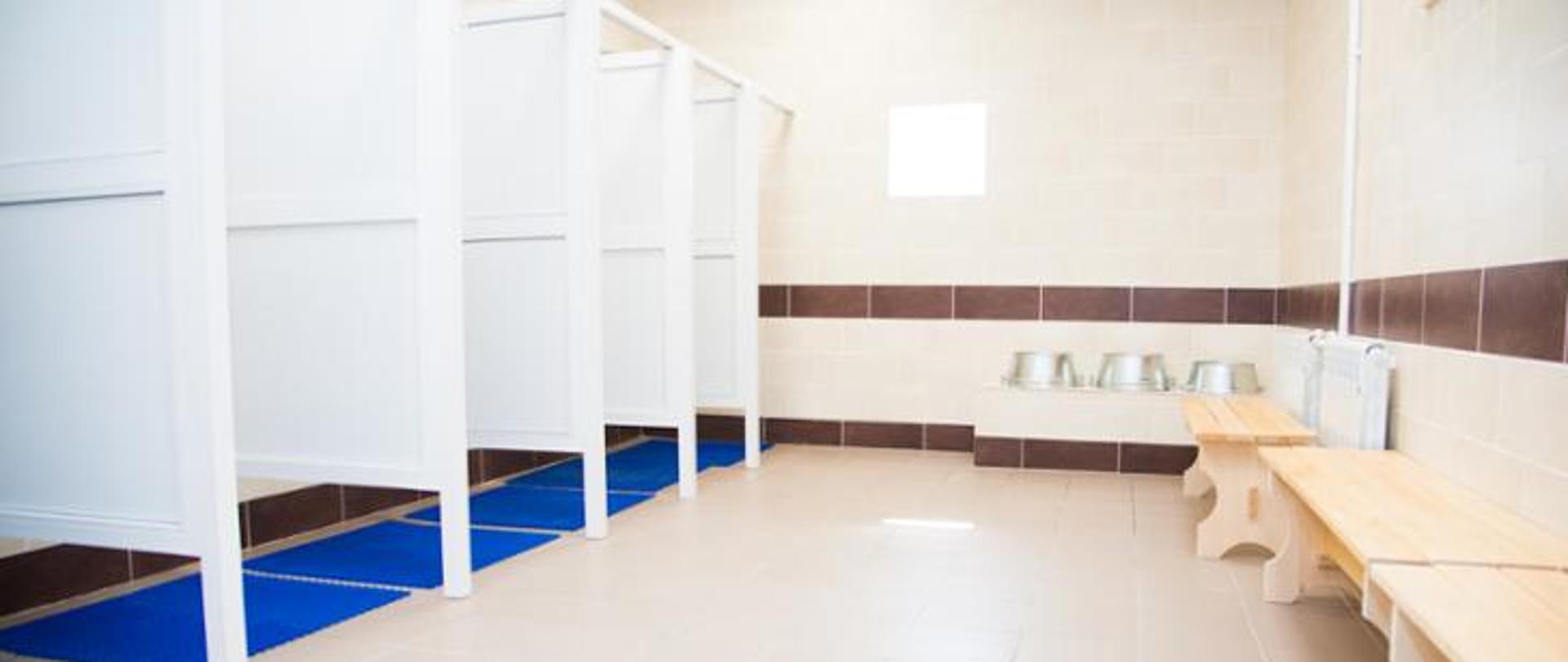 Zdjęcie przedstawia łazienkę z kabinami natryskowymi