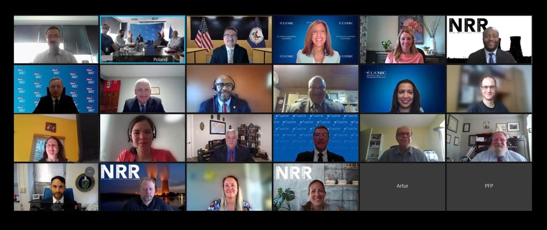 Obraz z wideospotkania - przedstawiciele PAA i US NRC biorą udział w warsztatach na temat nadzoru nad zapewnieniem jakości w procesie budowy elektrowni jądrowej