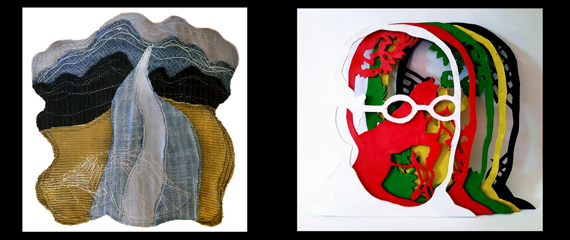 Widoczne 2 obrazy: po lewej tkanina artystyczna przedstawiająca pejzaż, po prawej sylwetowo ujęty schemat twarzy w 5 warstwach.