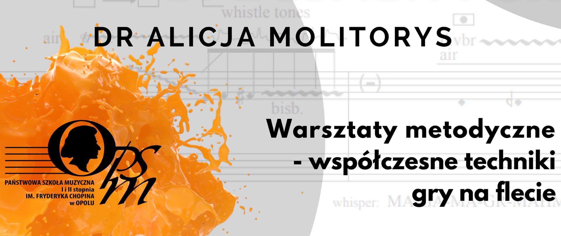 Plakat promujący warsztaty metodyczne z dr Alicją Molitorys, które odbędą się 30 listopada 2022 roku w Państwowej Szkole Muzycznej I i II stopnia im. Fryderyka Chopina w Opolu, na plakacie zamieszczono zdjęcie prowadzącej na tle zapisu nutowego