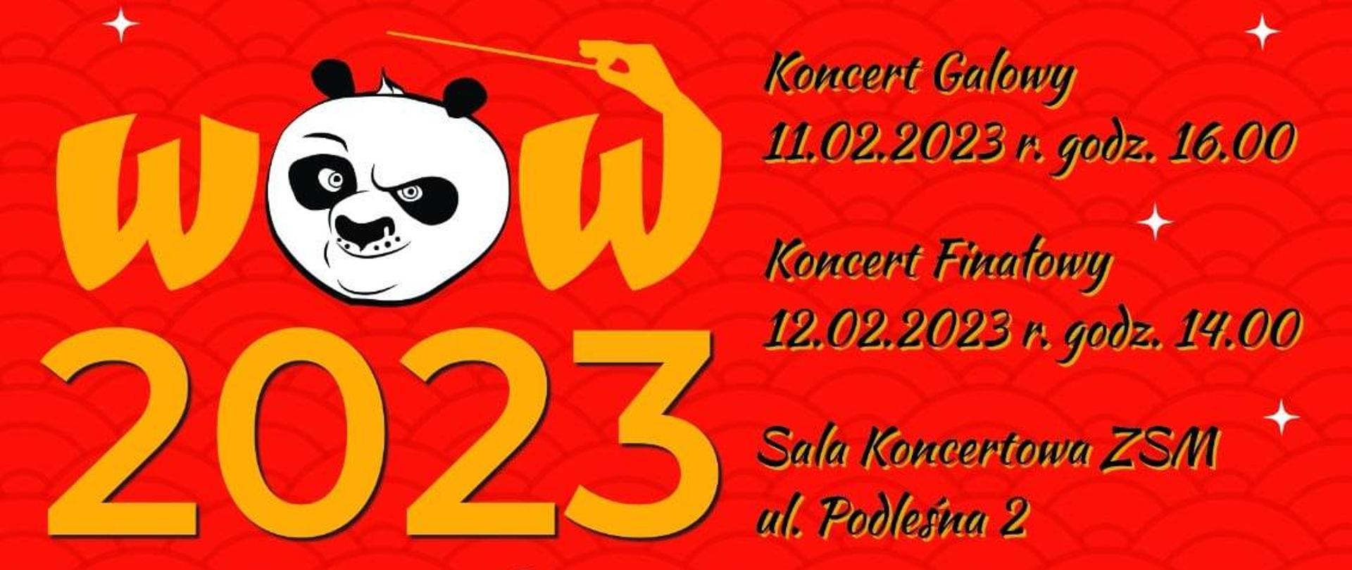 Plakat reklamujący wydarzenie zimowych warsztatów orkiestrowych WOW 2023 w kolorze czerwonym ze szczegółami wydarzenia.