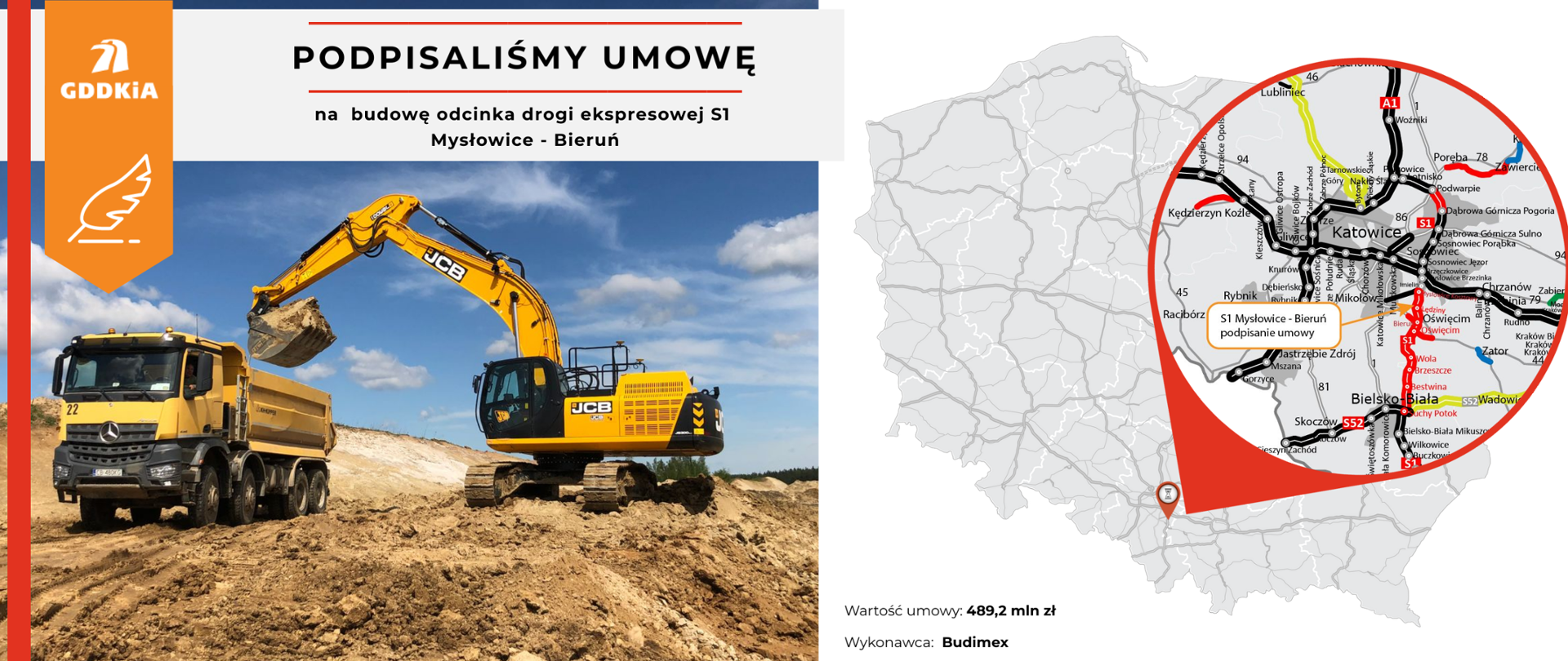 GDDKiA. Podpisanie umowy na realizację S1 Mysłowice — Bieruń. Mapa stanu budowy dróg ze wskazaniem odcinka. 