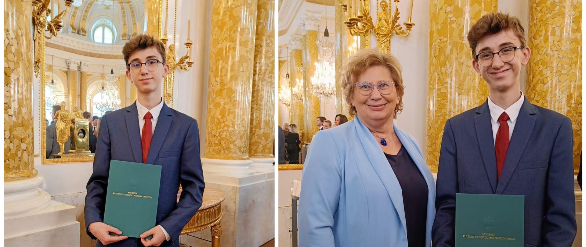 Kolaż składający się z dwóch, kolorowych zdjęć z sali koncertowej Zamku Królewskiego w Warszawie, na których widać Gabriela Wojaczka trzymającego w rękach zieloną teczkę z dyplomem i Dyrektor naszej szkoły Romanę Kuczerę.
