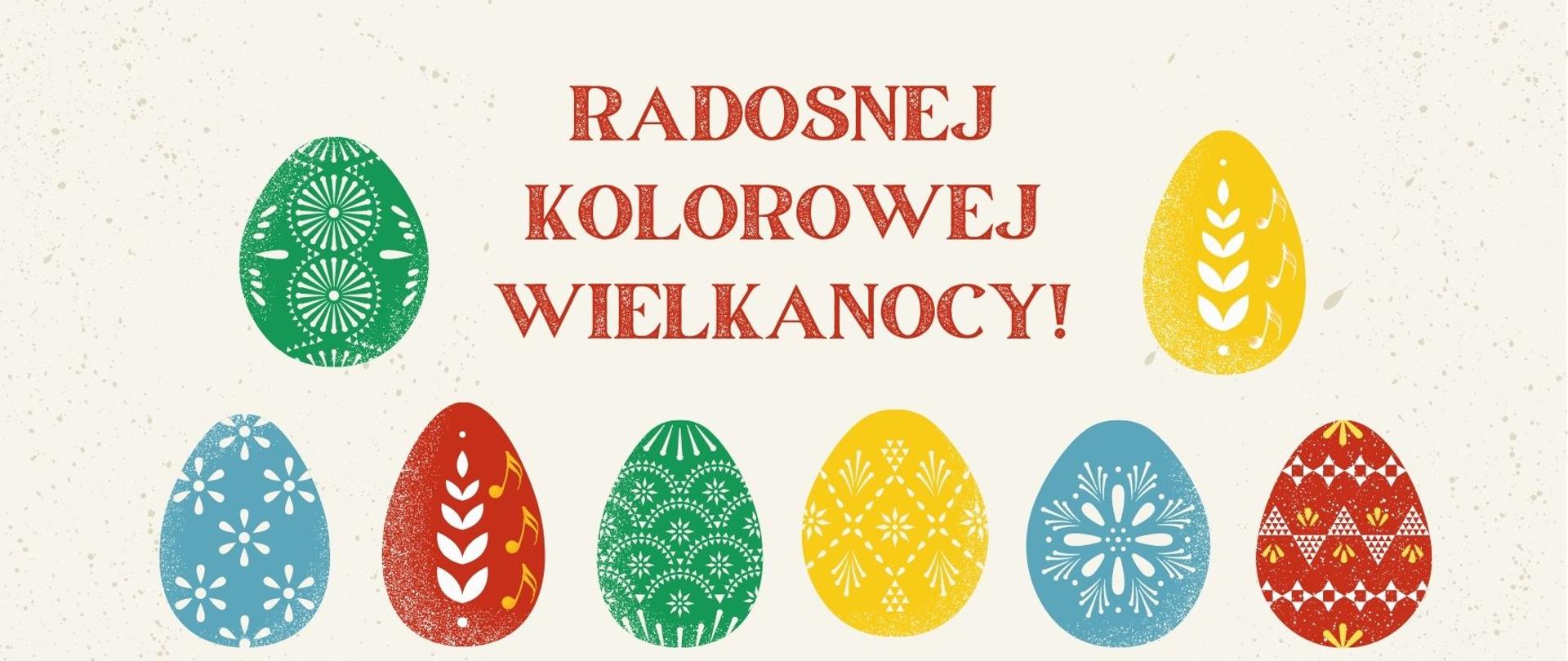 Grafika z napisem Radosnej, Kolorowej Wielkanocy i kilkunastoma kolorowymi pisankami ustawionymi w dwóch rzędach.