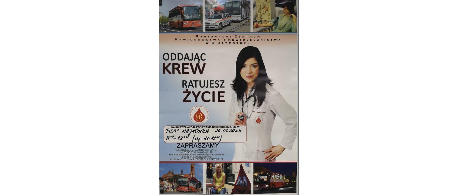Plakat z kobietą w białym kitlu obok napis: "Oddając krew ratujesz życie".
