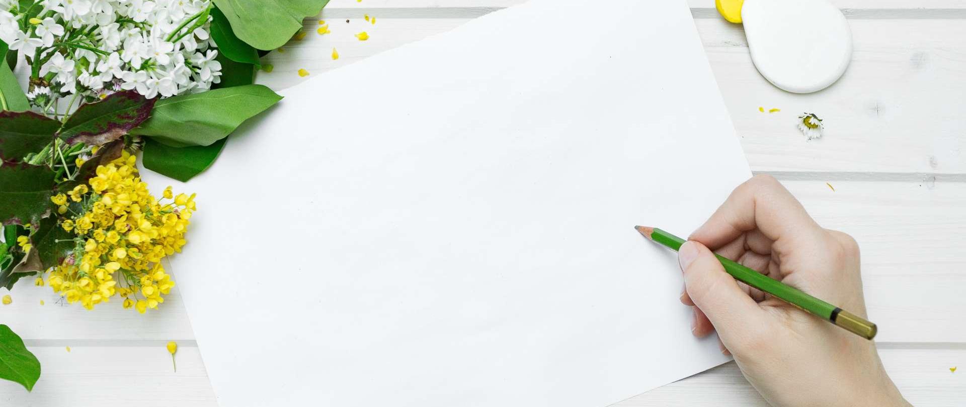 czysta kartka papieru, białe i żółte kwiaty w lewym górnym rogu oraz ręka trzymająca zieloną kredkę