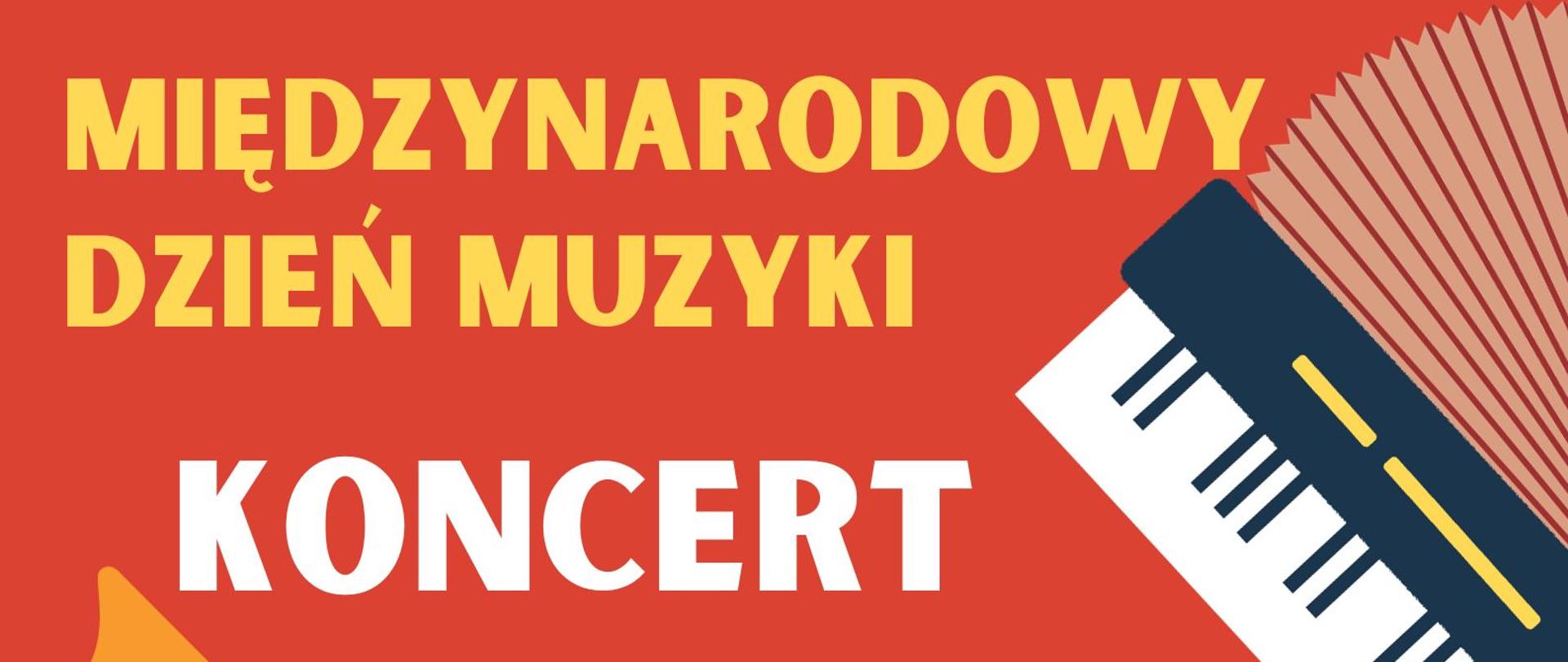 Plakat z informacją o koncercie z okazji Międzynarodowego Dnia Muzyki, na pomarańczowym tle instrumenty muzyczne