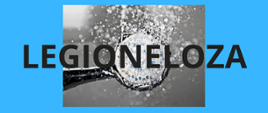 grafika prysznica, z którego leci woda na niebieskim tle, z napisem "legioneloza"