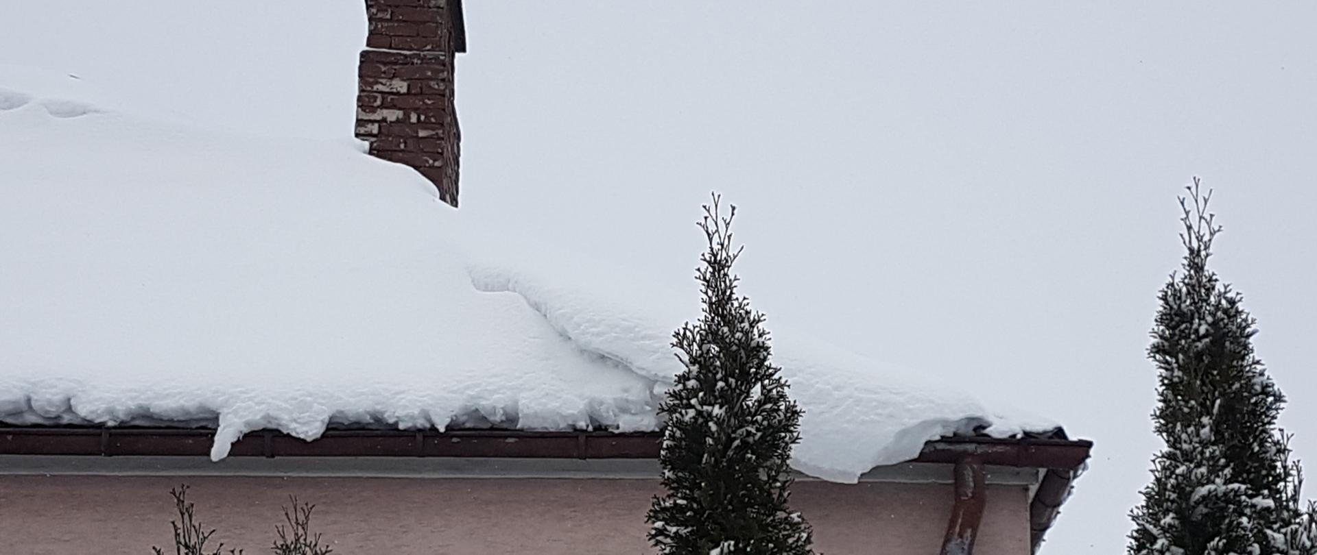 zdjęcie przedstawia zalegającą dużą ilość śniegu na dachu budynku mieszkalnego
