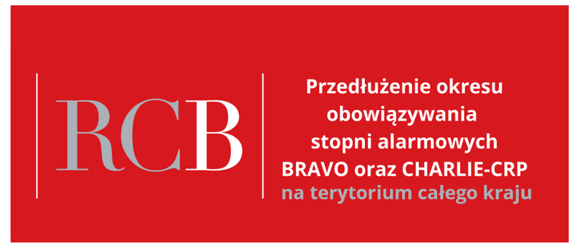 na czerwonym tle białymi literami zamieszczono informację o przedłużeniu obowiązywania stopni alarmowych BRAVO oraz CHARLIE- CRP na terytorium całego kraju.