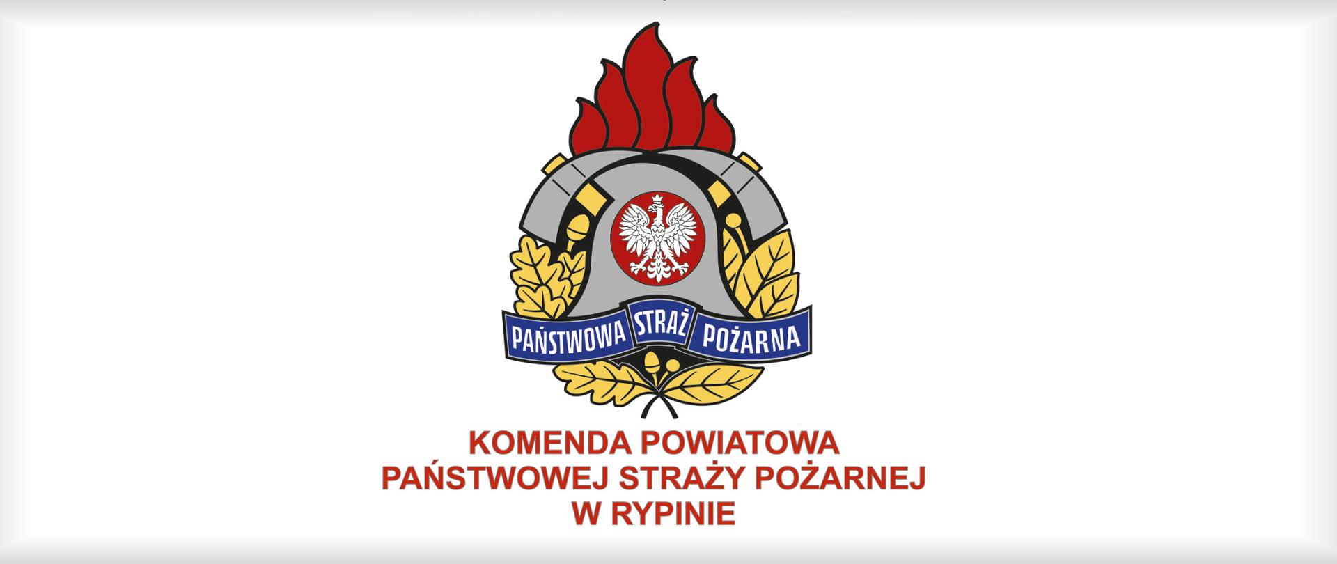 Logo PSP na białym tle pod spodem napis Komenda Powiatowa Państwowej Straży Pożarnej w Rypinie. Całość w szarej winiecie wokół krawędzi.