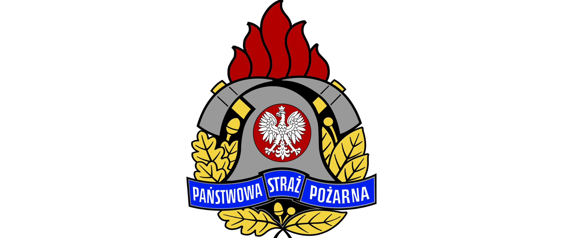 Logo Państwowej Straży Pożarnej w kształcie ognika, zawierające dwa toporki strażackie i hełm w centralnej części. Napis Państwowa Straż Pożarna na niebieskiej wstędze w dolnej części.