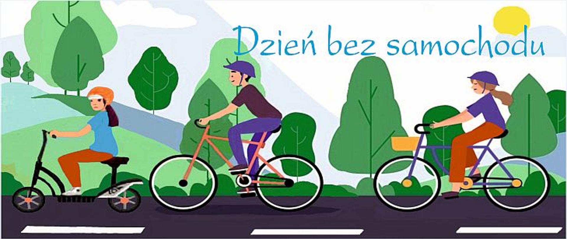 Grafika przedstawia kobietę jadącą po ulicy na hulajnodze, za nią mężczyznę jadącego na rowerze, następnie kobietę jadąca na rowerze. W tle widać drzewa. Na górze znajduje się napis: Dzień bez samochodu.