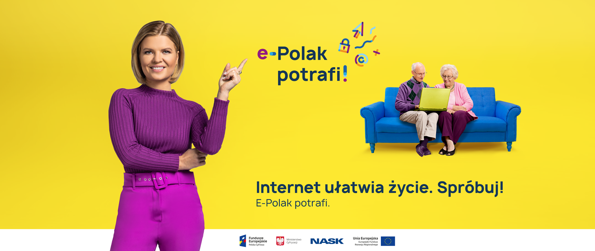 Marta Manowska stoi wskazując palcem na napis "e-Polak potrafi", w głębi ilustracji para starszych osób siedzi na kanapie z laptopem.