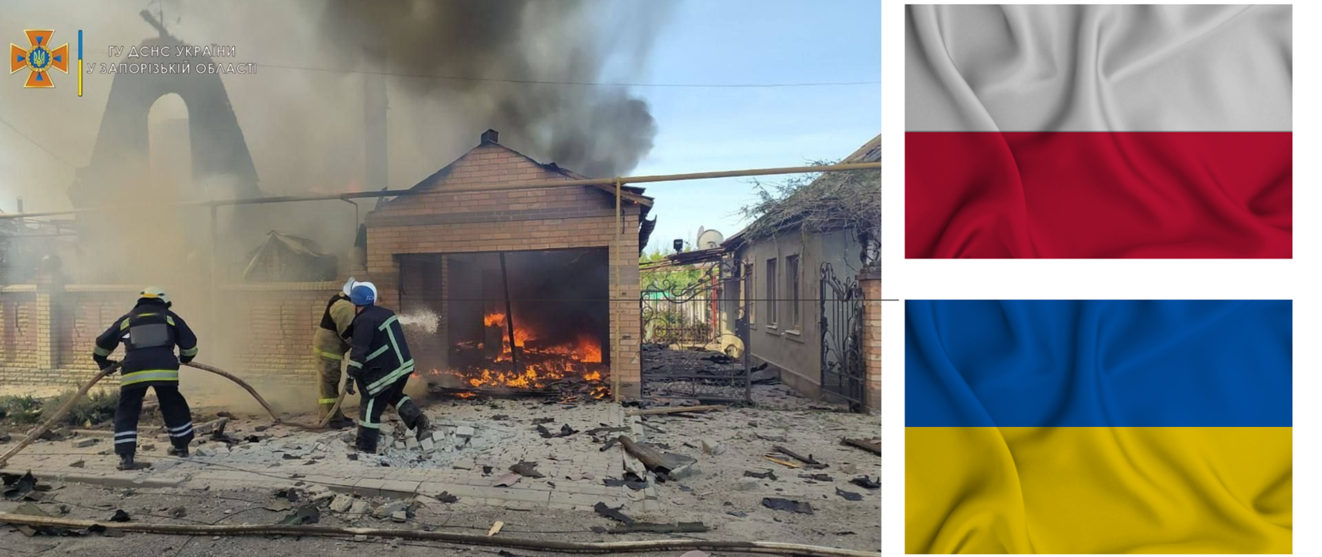 PO lewej stronie zdjęcie strażaków ukraińskich gaszących pożar , wokół zniszczone wojną budynki, po prawo flaga Polski u góry i flaga Ukrainy na dole