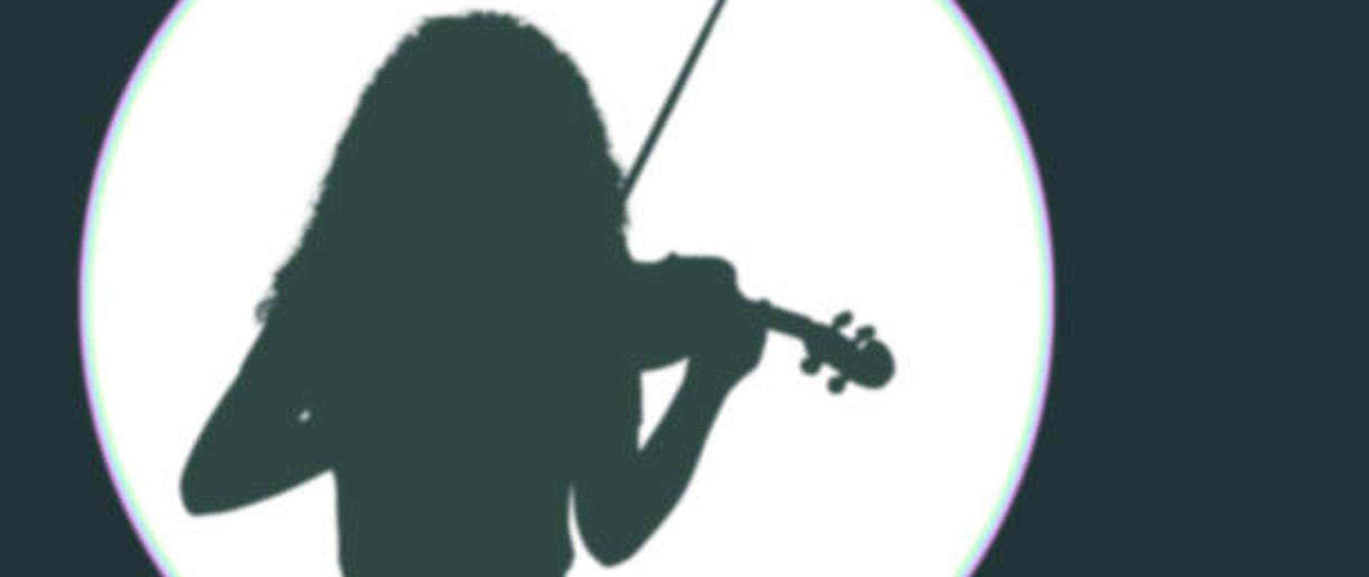 Silhouette of a girl violinist on a white circle from lighting with copy space. Illustration on white.
