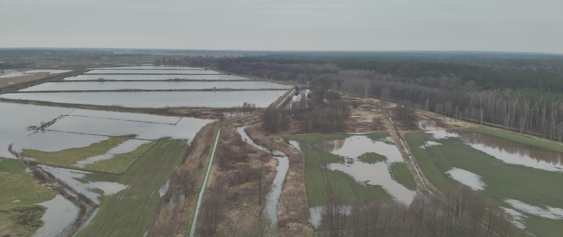 Podtopione pola uprawne na terenie powiatu kluczborskiego. Zdjęcie wykonane za pomocą drona. Na dalszym planie zbiorniki hodowlane.