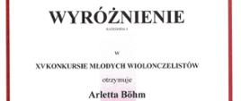 Dyplom dla Arletty Böhm za zajęcie wyróżnienia w XV Konkursie Młodych Wiolonczelistów Wrocław 2023 