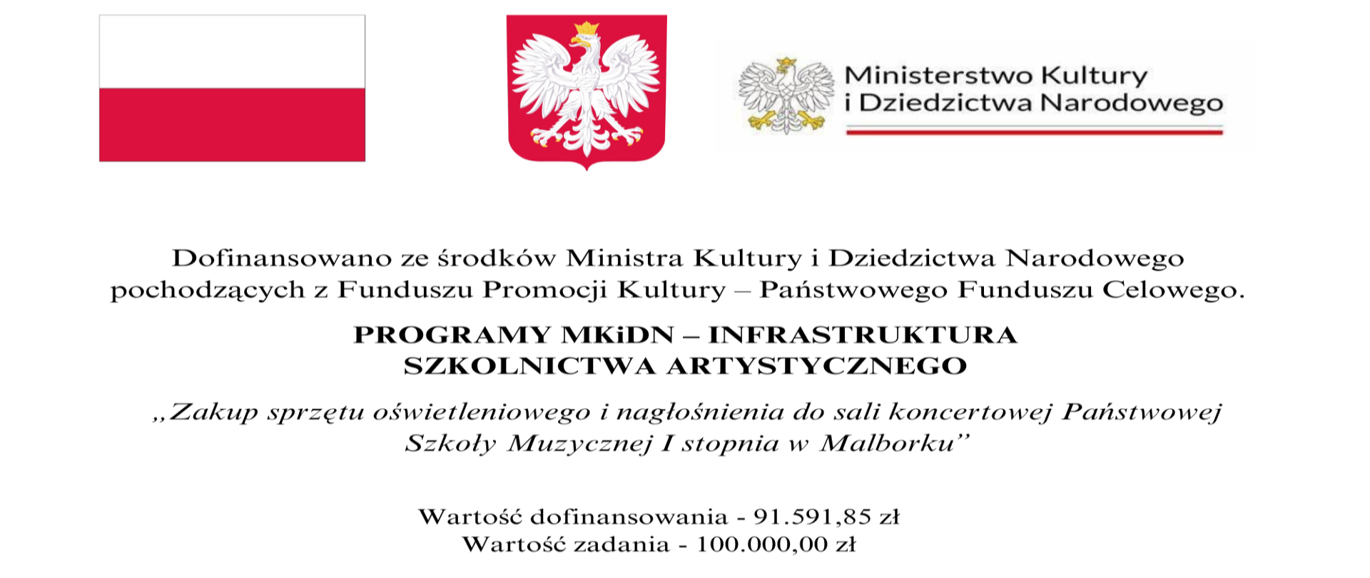 Biała tablica z flagą Polski, godłem i logo MKIDN z informacją o dofinansowaniu w programie MKiDN