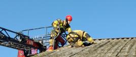 Na zdjęciu dwóch ratowników, pracują na wysokości. Ratownicy działają z kosza drabiny mechanicznej. Niebo bezchmurne, kolor niebieski.