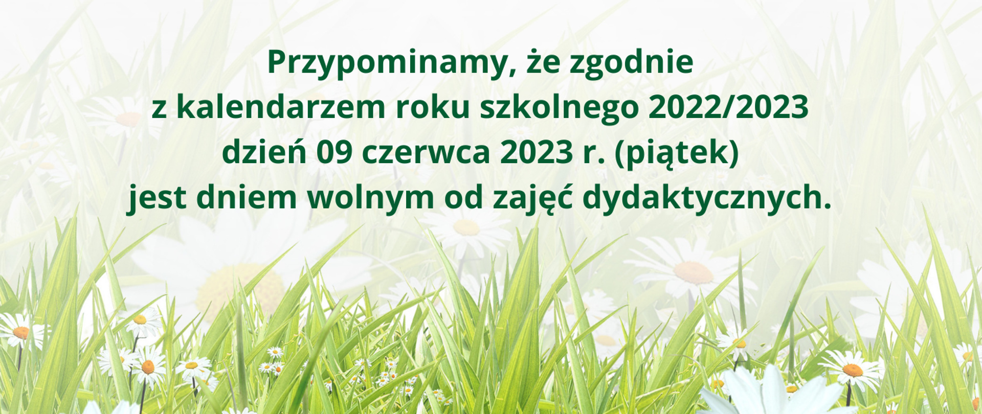 Tło obrazka [przypomina łąkę pełną stokrotek. U góry obrazka zielony napis: "Przypominamy, że zgodnie z kalendarzem roku szkolnego 2022/2023 dzień 09 czerwca 2023 r. (piątek) jest dniem wolnym od zajęć dydaktycznych".